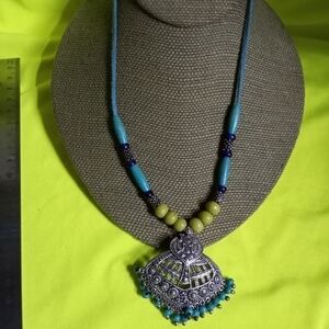 Silvertone blue green beaded necklace